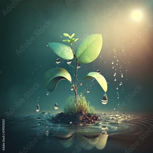 young plant with drop of rain water in sunlight growing plan