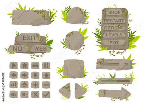 Set of jungle panels. Collection of buttons and graphic elements for website. Interface for games, mobile programs and applications. Cartoon flat vector illustrations isolated on white background