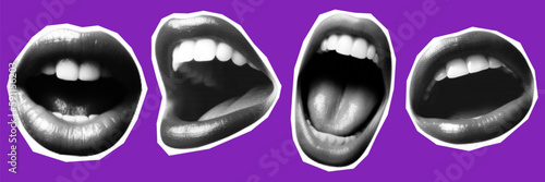 Woman lips as retro halftone collage elements for mixed media design. Mouth in halftone texture, dotted pop art style. Vector illustration of vintage grunge punk crazy art templates.