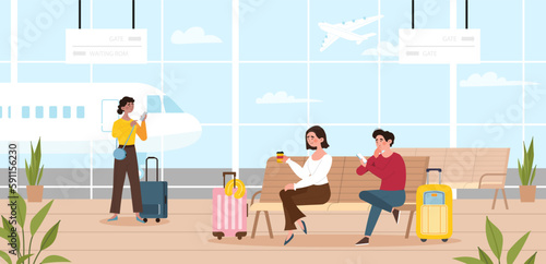 Airport waiting hall. Man and woman sit on bench and wait for their flight. Travel, trip and tourism. Departure lounge passengers terminal check in interior. Cartoon flat vector illustration