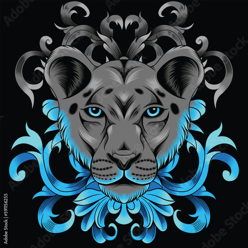 lioness head illustration with baroque ornament