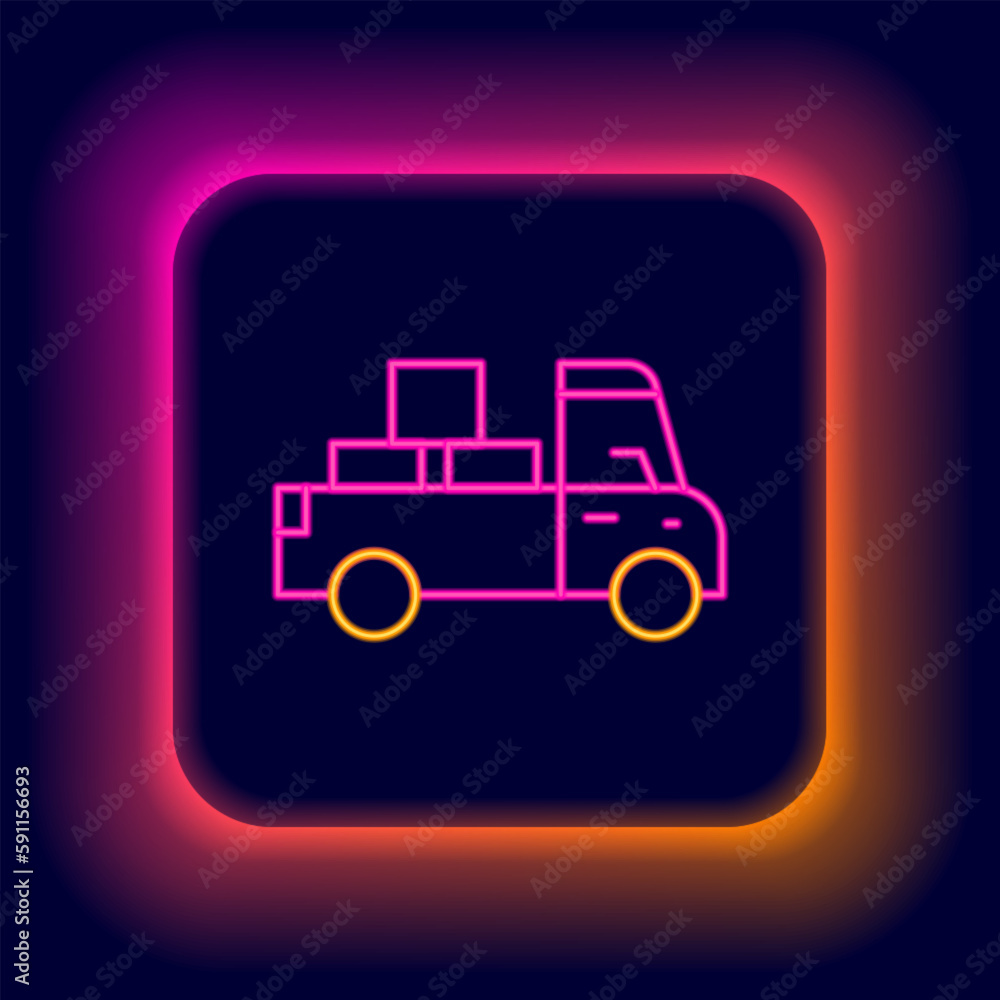 Glowing neon line Delivery truck with cardboard boxes behind icon isolated on black background. Colorful outline concept. Vector