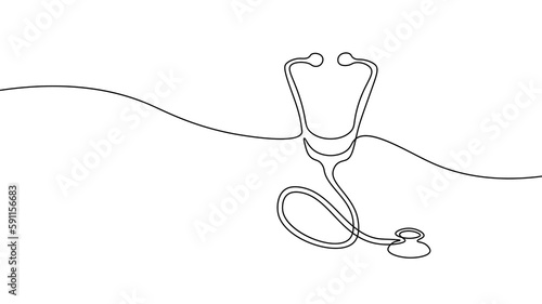 Medicine stethoscope single continuous line art. Health care World Day medical science research doctor nurse equipment silhouette concept design one sketch online drawing white vector illustration