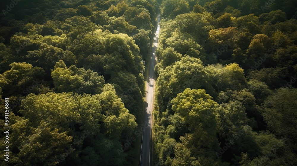 Road in the middle of a dense forest, Generative AI