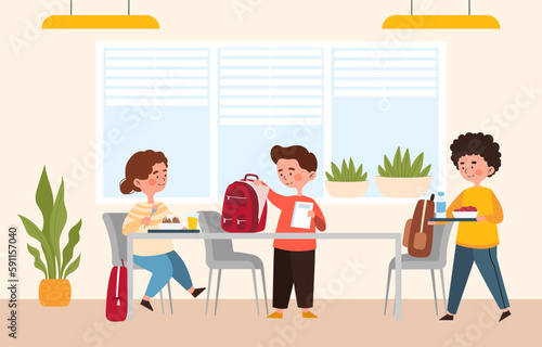 Children sitting in canteen. Boys and girl with books and backpacks sitting at table with food. Rest after school, students have breakfast, spend time together. Cartoon flat vector illustration