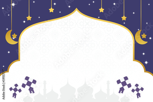 islamic day sale poster template with free space for text. It has an ornament of the silhouette of a mosque, moon, stars and diamonds. Design for banners, greeting cards, social media