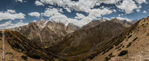 A panoramic view of the peaks of the Turkestan Range across the beautiful valley of the Kashka-suu River in Kyrgyzstan.