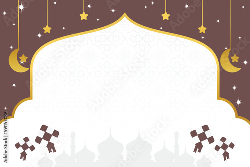 islamic day sale poster template with free space for text. It has an ornament of the silhouette of a mosque, moon, stars and diamonds. Design for banners, greeting cards, social media