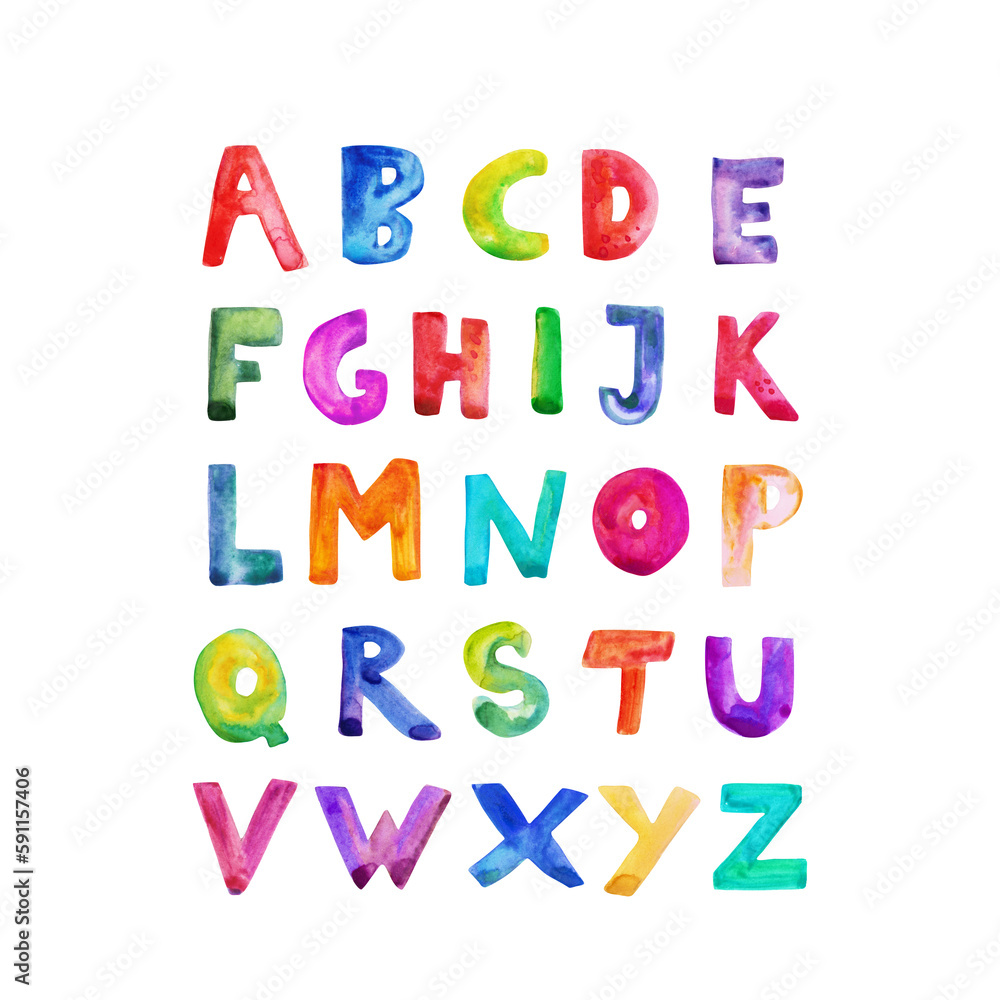 Hand drawn watercolor english uppercase letters. Bright alphabet poster for kids and nursery art.