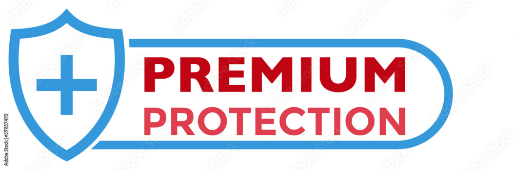 Shield icon with plus sign and red premium protection text. Flat style blue color vector symbol for medical, bacterial or virus defense, product, service, label, logo. Design isolated on white. Shield icon with plus sign and red premium protection text. Flat style blue color vector symbol for medical, bacterial or virus defense, product, service, label, logo. Design isolated on white.