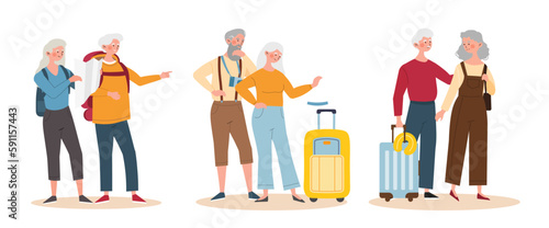 Elderly tourists set. Collection of grandparents with briefcase, suitcase and map. Trips, journey and travel. Holiday and vacation. Cartoon flat vector illustrations isolated on white background
