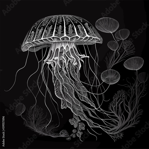 jellyfish in the water black and white sketch lineart