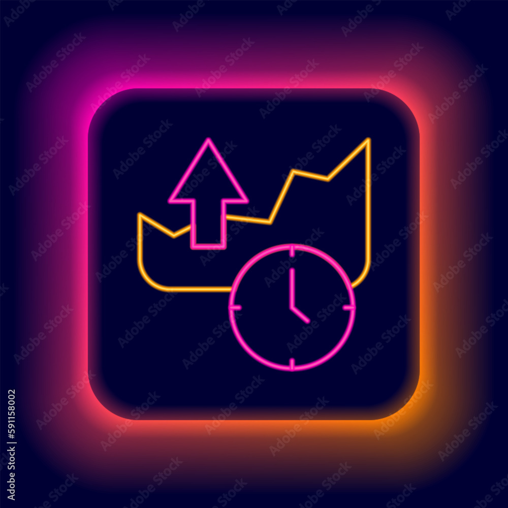 Glowing neon line Stocks market growth graphs and money icon isolated on black background. Monitor with stock charts arrow on screen. Colorful outline concept. Vector Glowing neon line Stocks market growth graphs and money icon isolated on black background. Monitor with stock charts arrow on screen. Colorful outline concept. Vector
