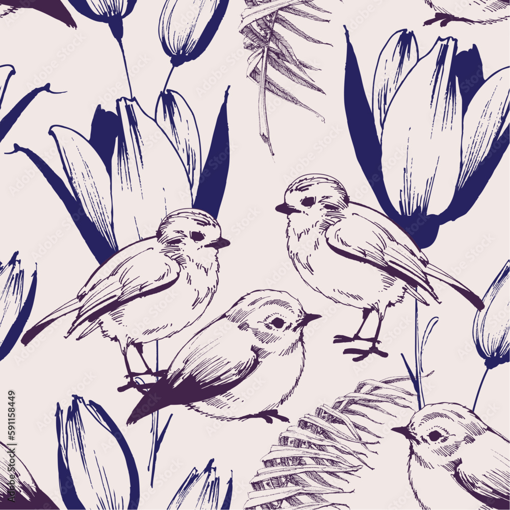 Birds and tulip flowers cute spring seamless pattern Birds and tulip flowers cute spring seamless pattern