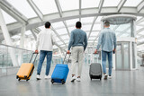 Three Male Tourists Walking With Suitcases In Airport, Back View