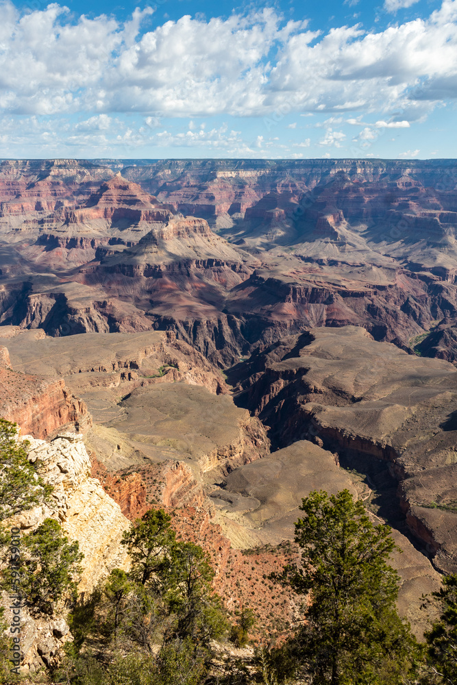 The South Rim of the Grand Canyon National Park, carved by the Colorado River in Arizona, USA. Amazing natural geological formation. The Mather Point.