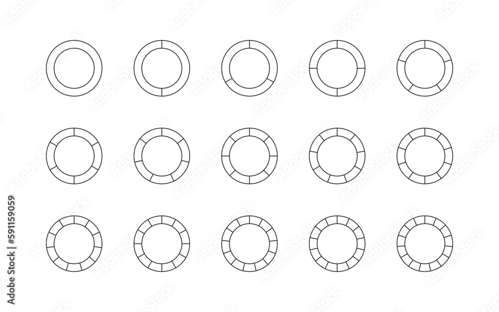 Set of round structure template with segments and slices. Outline circle chart. Circular section graph. Pie diagram divided into pieces. Piechart with sectors. Vector illustration Set of round structure template with segments and slices. Outline circle chart. Circular section graph. Pie diagram divided into pieces. Piechart with sectors. Vector illustration