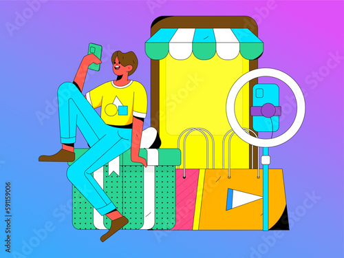 Internet celebrity e-commerce characters vector Internet hand-drawn illustration with live streaming
