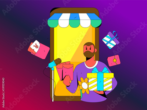 Internet celebrity e-commerce characters vector Internet hand-drawn illustration with live streaming
