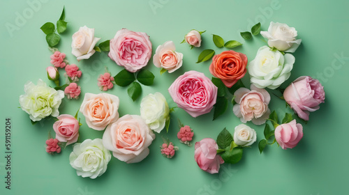 Spring pastel flowers of roses  background mint top view in flat lay style. Greeting for Womens or Mothers Day. Generative AI 