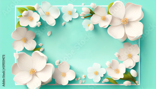 Happy Mother’s Day or Women’s Day greeting card with a white frame and beautiful white flowers on a turquoise background and copy space for your text, generative AI