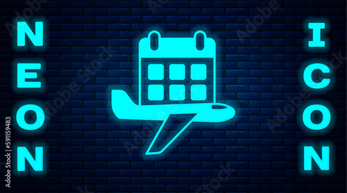 Glowing neon Travel planning calendar and airplane icon isolated on brick wall background. A planned holiday trip. Vector