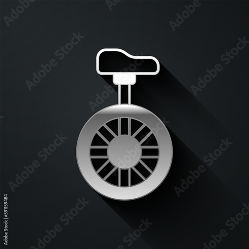 Silver Unicycle or one wheel bicycle icon isolated on black background. Monowheel bicycle. Long shadow style. Vector