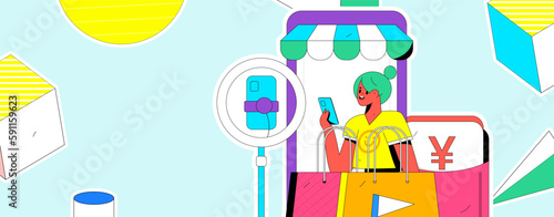 Internet celebrity e-commerce characters vector Internet hand-drawn illustration with live streaming
