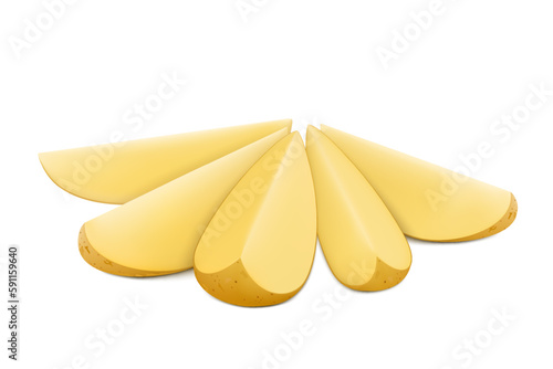 Fresh raw potato wedges, chopped potatoes for cooked food. Sliced Potato, Isolated on white background. Realistic 3d vector illustration