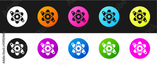 Set Atom icon isolated on black and white background. Symbol of science, education, nuclear physics, scientific research. Vector