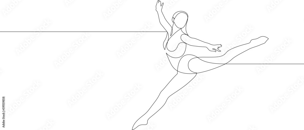 Continuous drawing in one line style of happy woman stretching. Elegant female dancer vector illustration.