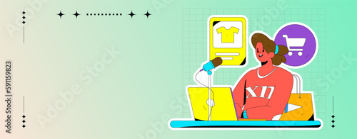 Internet celebrity e-commerce characters vector Internet hand-drawn illustration with live streaming
