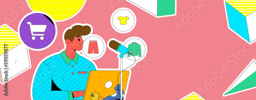 Internet celebrity e-commerce characters vector Internet hand-drawn illustration with live streaming
