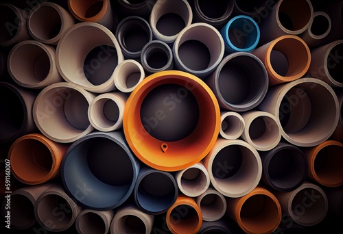Plastic pipe background, big PVC pipes in stack for water and drain or wastewater. Generative AI