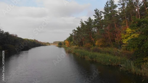 Beautiful river in autumn aerial footage Ukraine