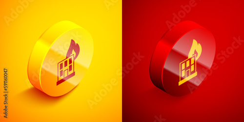 Isometric Fire in burning building on city street icon isolated on orange and red background. Destroyed city on fire. Circle button. Vector