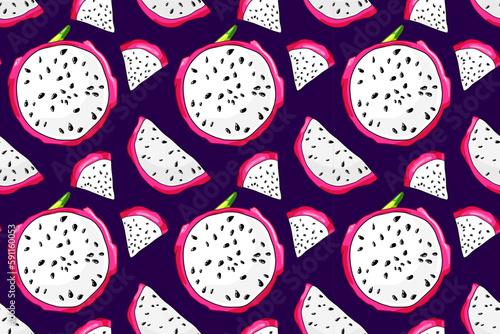 Pitaya slices seamless pattern. Fresh dragon fruit pieces. Organic wallpaper ingridient. Sweet exotic pitahaya
