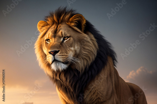 Image of a lion in its natural habitat. Animal world. Generative AI.