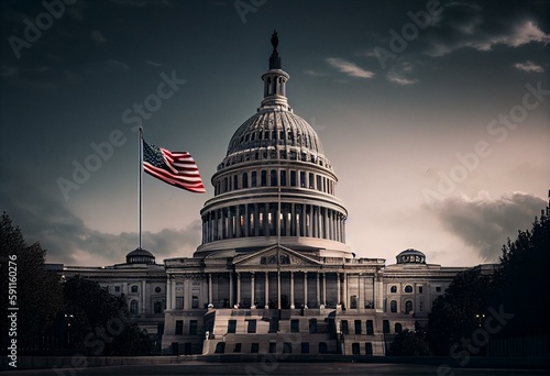 US Capitol Building with 3 Flags Flying. Generative AI