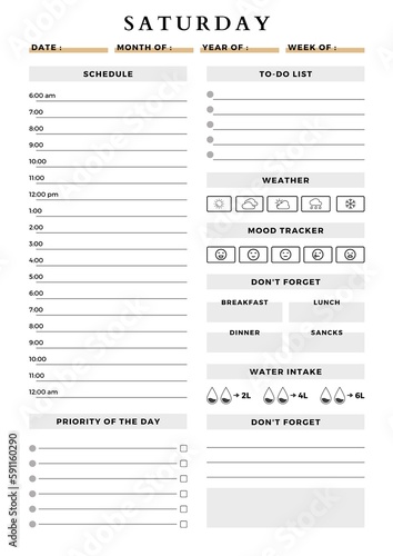 Minimalist planner pages templates daily. saturday plan