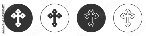 Black Christian cross icon isolated on white background. Church cross. Circle button. Vector