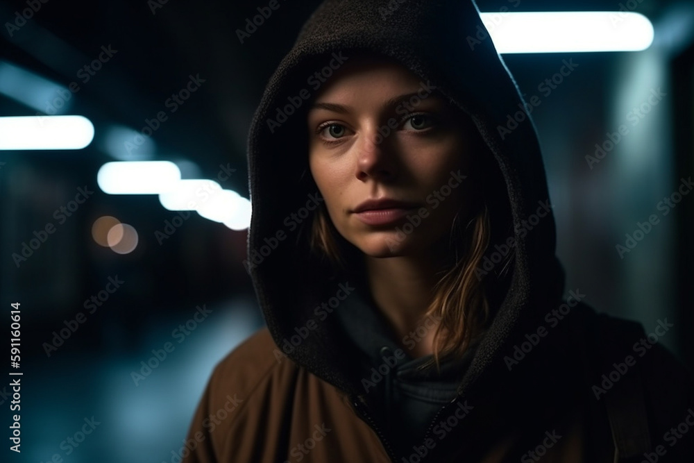young adult woman in an underpass or underground car park wearing a hooded jacket, in the dark with lights. Generative AI young adult woman in an underpass or underground car park wearing a hooded jacket, in the dark with lights. Generative AI