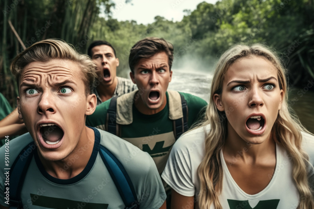 exaggerated depiction of shocked adventurers, in the wilderness, in