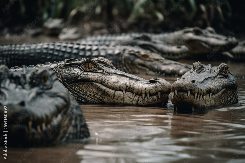 Obraz premium abstract, biting crocodiles with long pointed sharp teeth in the water, fictional place and animals. Generative AI