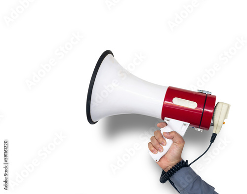 hand of man holding megaphone on png background. megaphone on transparent background