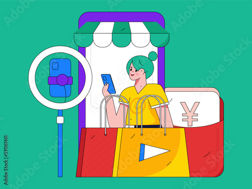Internet celebrity e-commerce characters vector Internet hand-drawn illustration with live streaming
