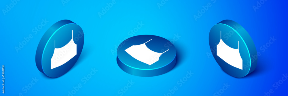 Isometric Female crop top icon isolated on blue background. Undershirt. Blue circle button. Vector Isometric Female crop top icon isolated on blue background. Undershirt. Blue circle button. Vector