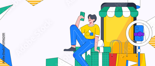 Internet celebrity e-commerce characters vector Internet hand-drawn illustration with live streaming
