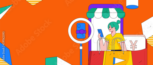 Internet celebrity e-commerce characters vector Internet hand-drawn illustration with live streaming
