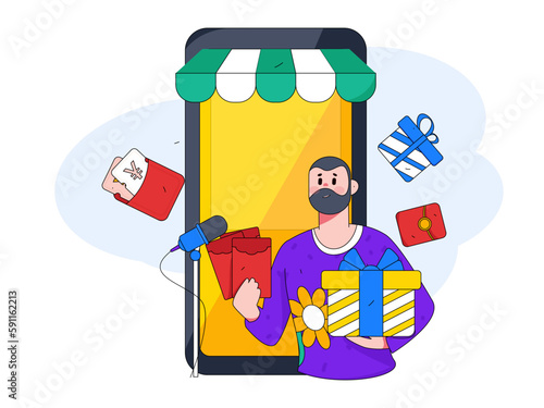 Internet celebrity e-commerce characters vector Internet hand-drawn illustration with live streaming
